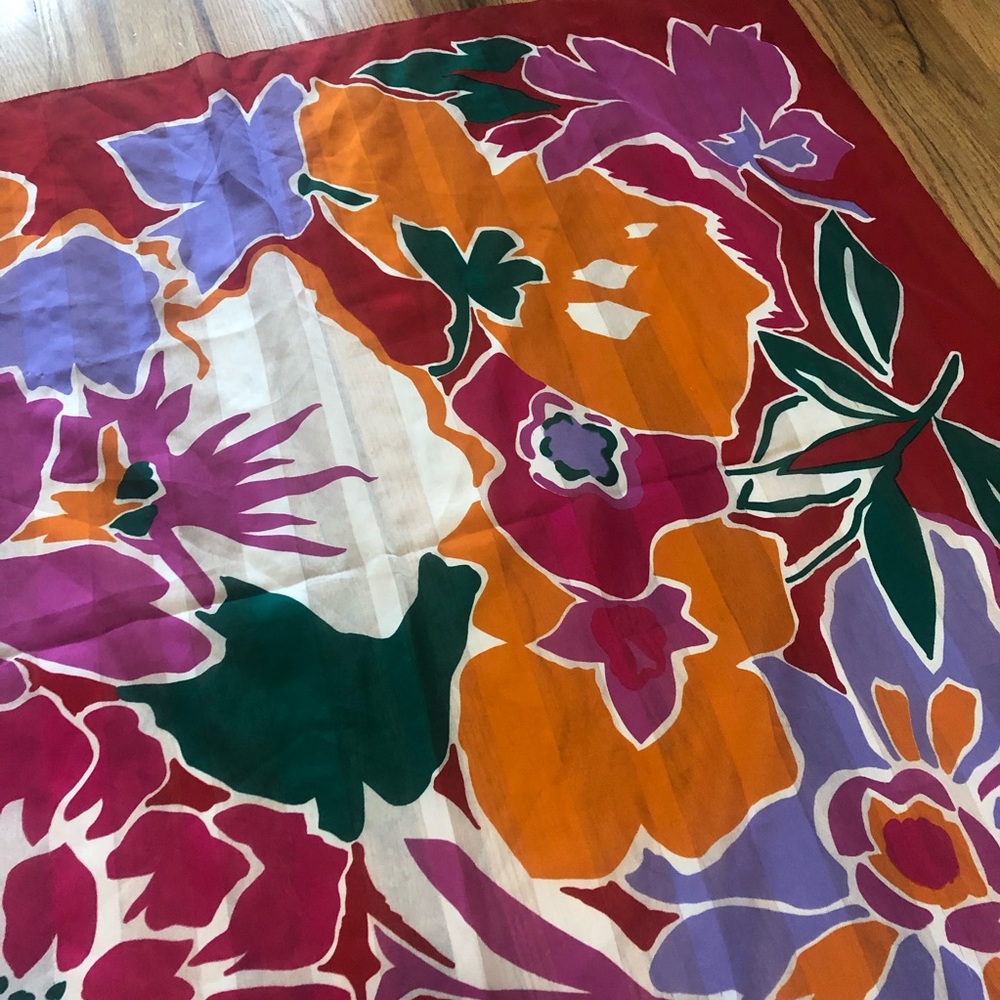 Vintage Abstract Floral Scarf Fuchsia 1980s 70s 90s VTG Flower Minimal Bright